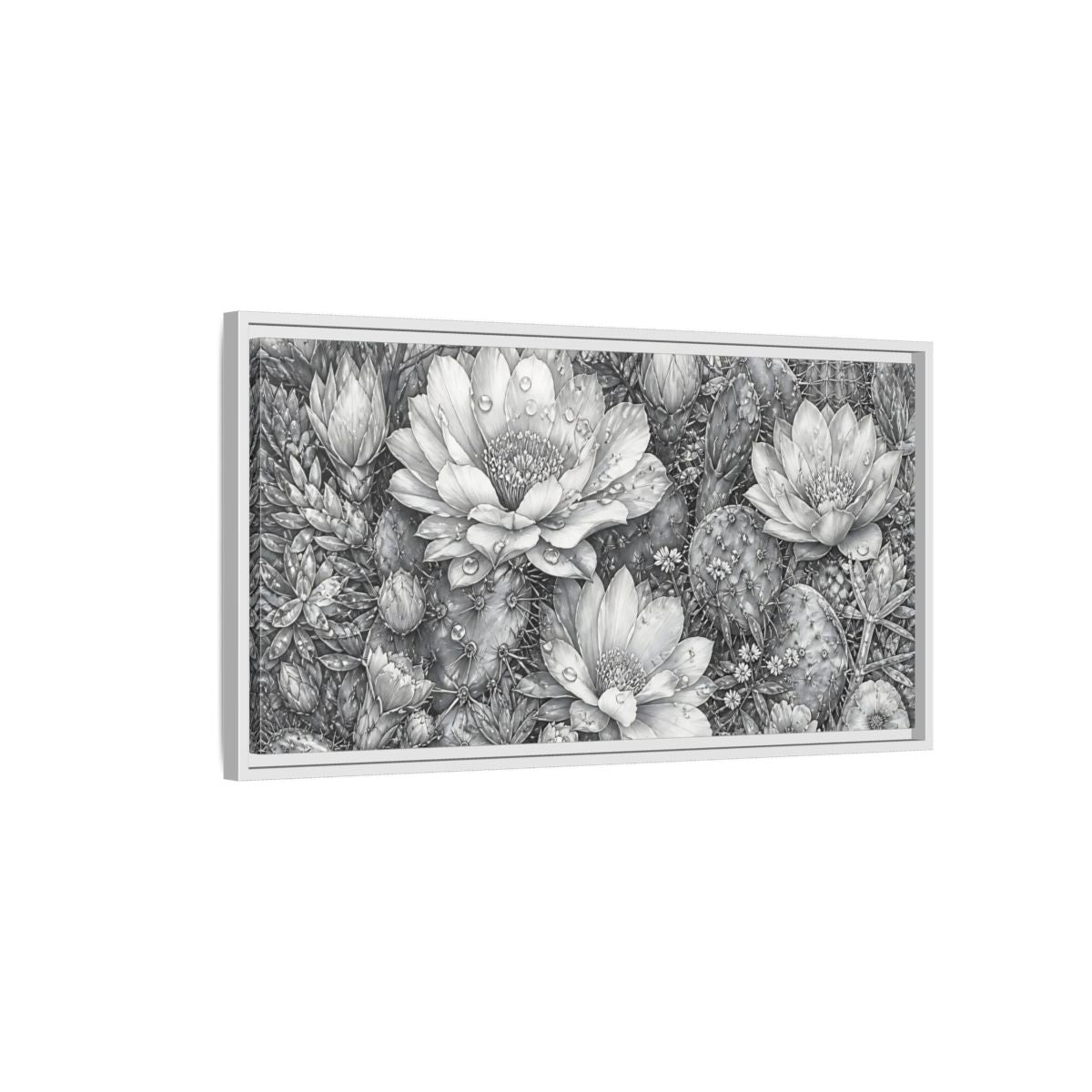 Side Mockup 1. Nature Cactus Flower Monochrome Cactus shown as stretched canvas wall art