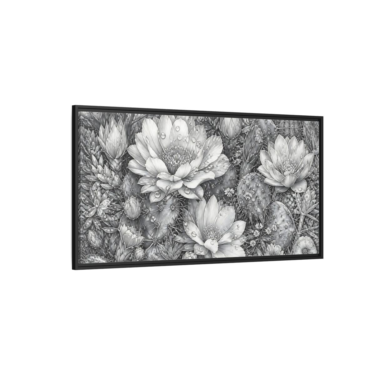 Side Mockup 5. Nature Cactus Flower Monochrome Cactus shown as stretched canvas wall art