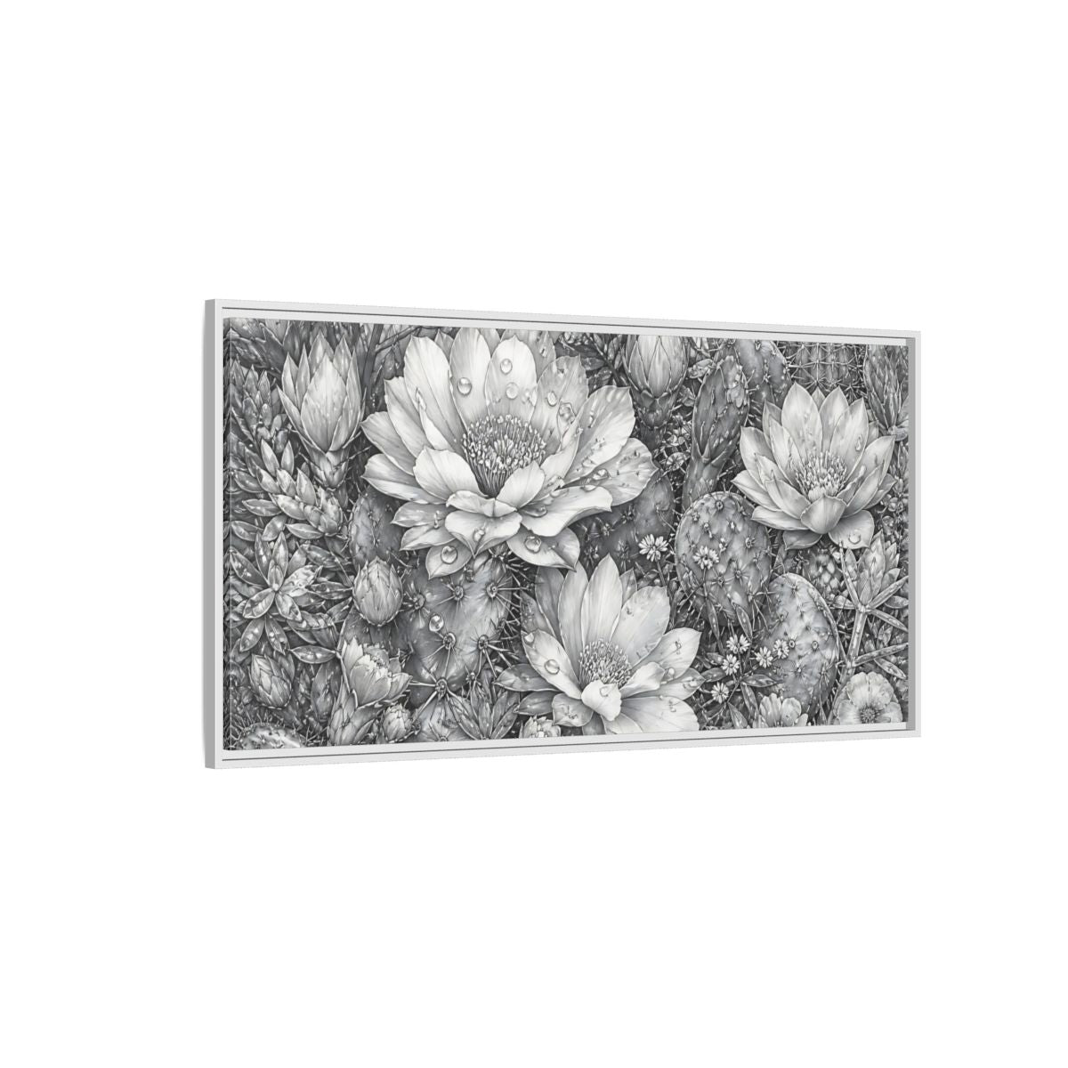Side Mockup 3. Nature Cactus Flower Monochrome Cactus shown as stretched canvas wall art