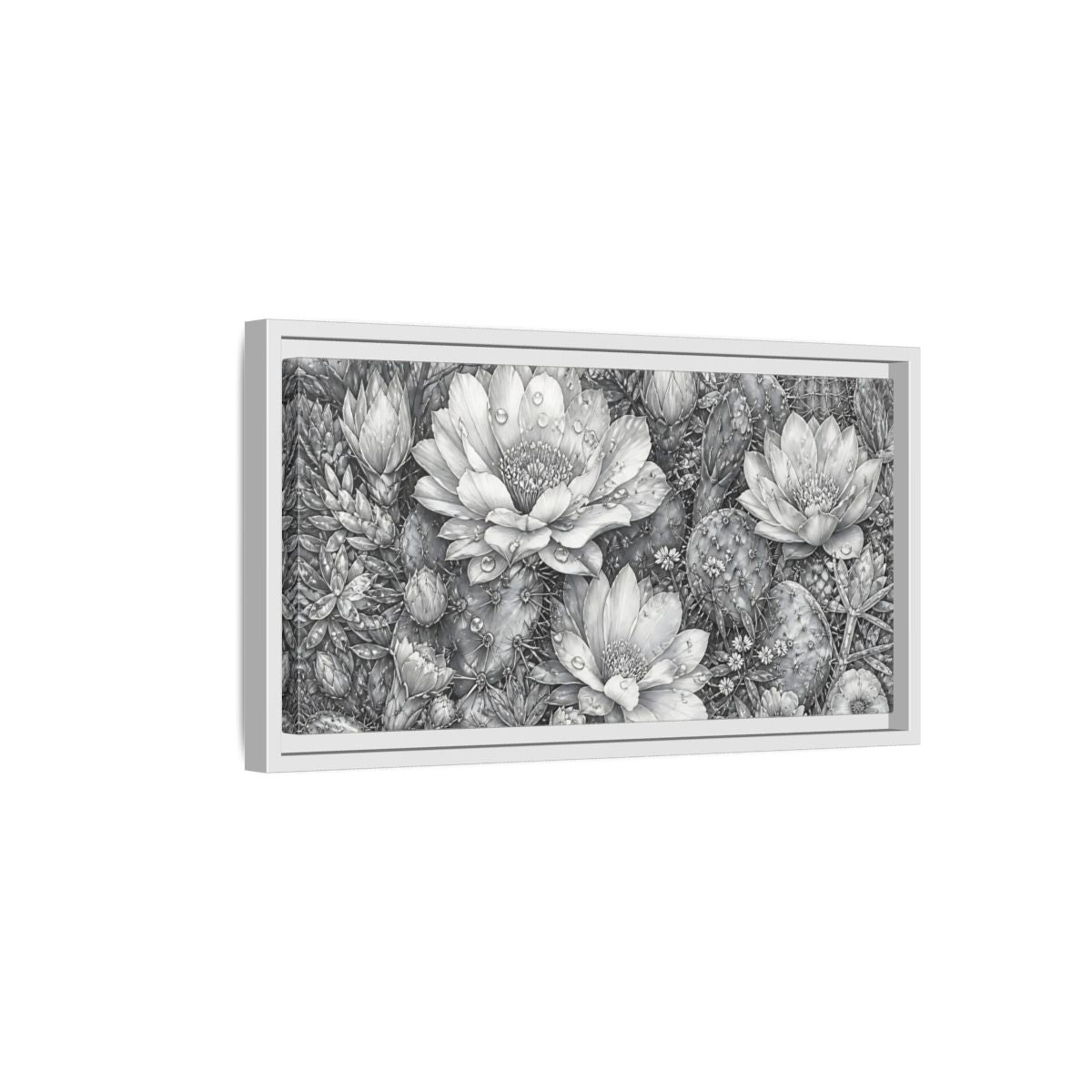 Side Mockup 6. Nature Cactus Flower Monochrome Cactus shown as stretched canvas wall art