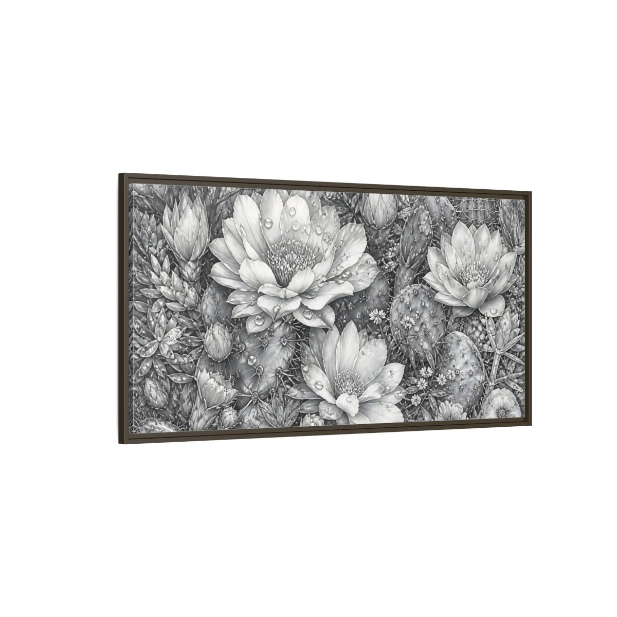 Side Mockup 4. Nature Cactus Flower Monochrome Cactus shown as stretched canvas wall art