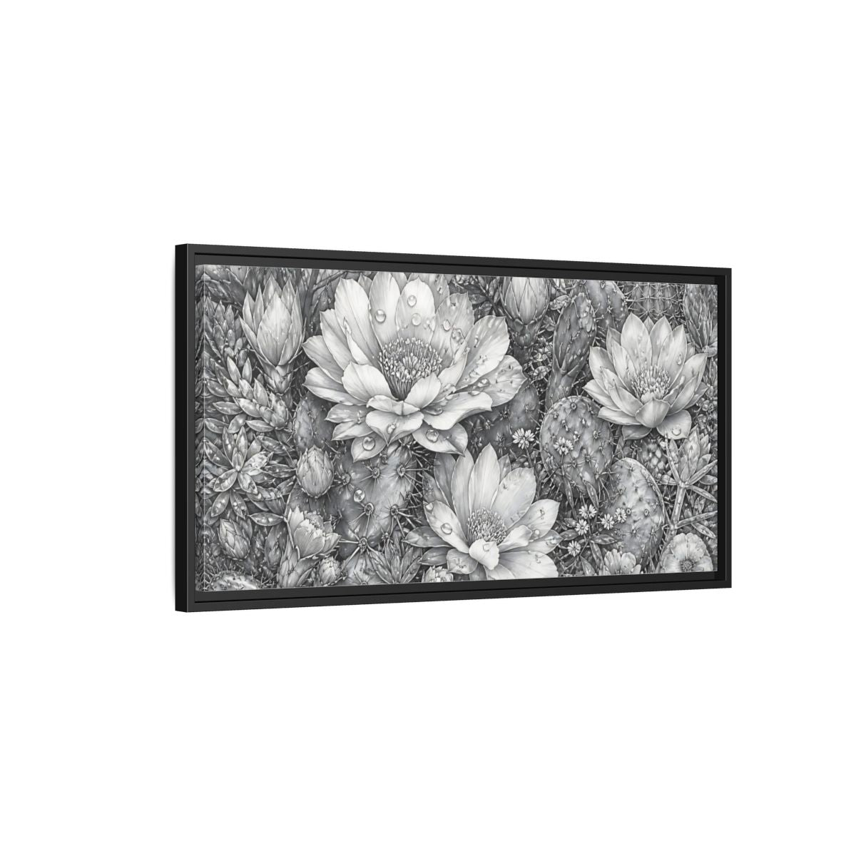 Side Mockup 2. Nature Cactus Flower Monochrome Cactus shown as stretched canvas wall art