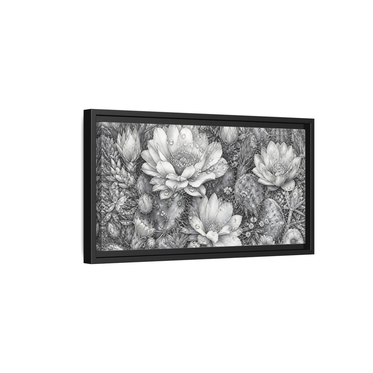 Side Mockup 8. Nature Cactus Flower Monochrome Cactus shown as stretched canvas wall art