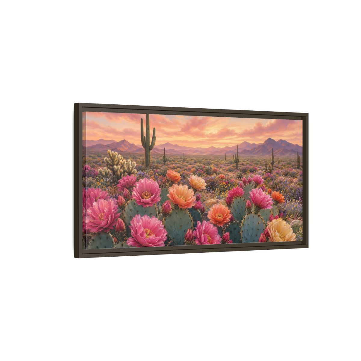 Main Mockup. Nature Cactus Flowers Desert Sunset Bloom shown as stretched canvas wall art
