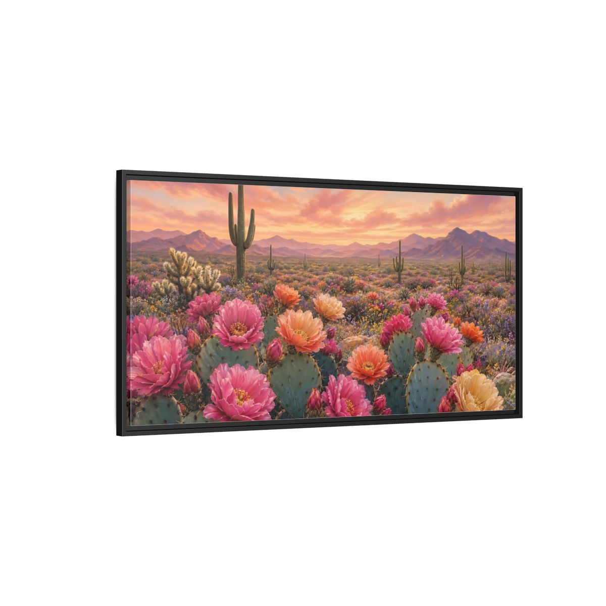 Side Mockup 5. Nature Cactus Flowers Desert Sunset Bloom shown as stretched canvas wall art