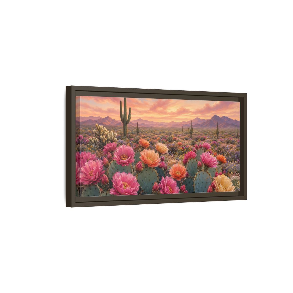 Side Mockup 7. Nature Cactus Flowers Desert Sunset Bloom shown as stretched canvas wall art