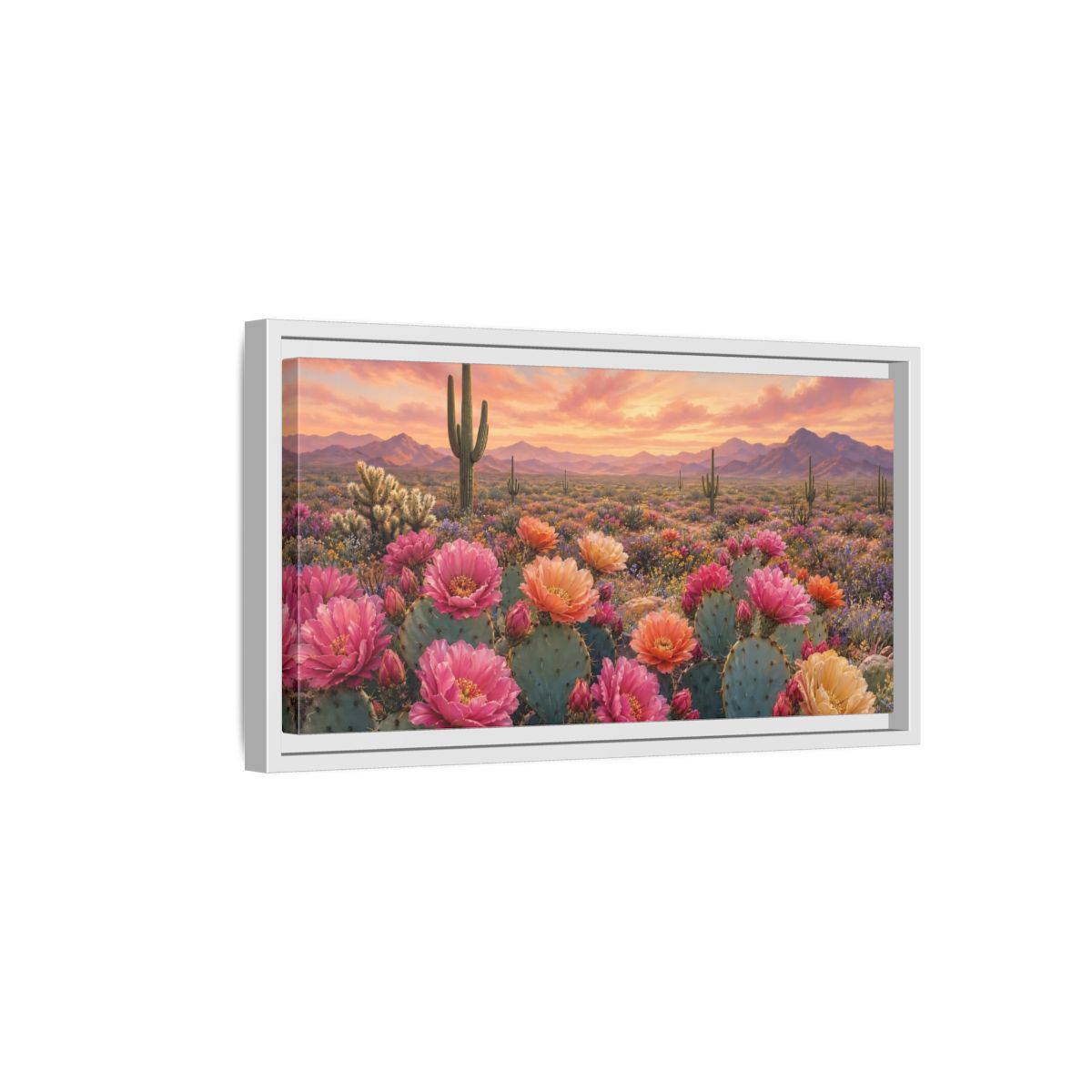Side Mockup 6. Nature Cactus Flowers Desert Sunset Bloom shown as stretched canvas wall art