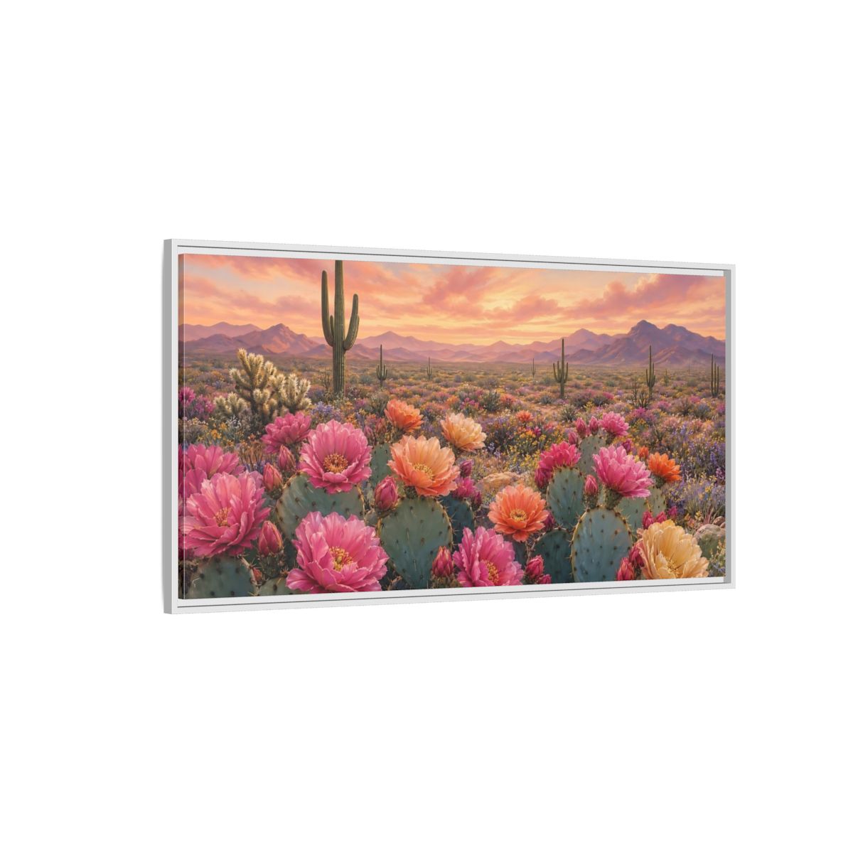 Side Mockup 3. Nature Cactus Flowers Desert Sunset Bloom shown as stretched canvas wall art