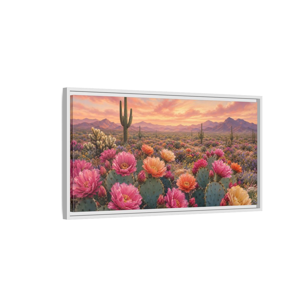 Side Mockup 1. Nature Cactus Flowers Desert Sunset Bloom shown as stretched canvas wall art