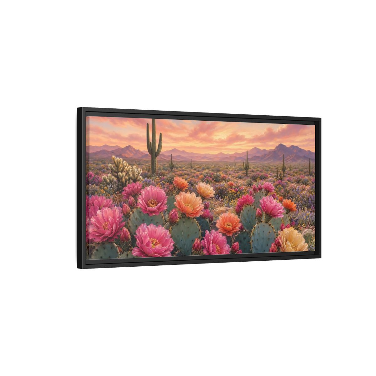 Side Mockup 2. Nature Cactus Flowers Desert Sunset Bloom shown as stretched canvas wall art