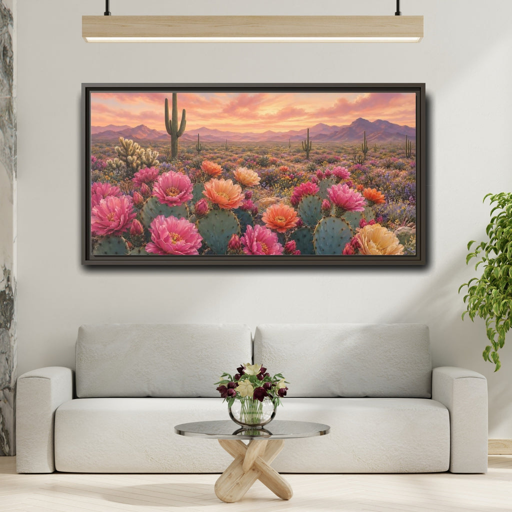 Mockup 2. Nature Cactus Flowers Desert Sunset Bloom shown as stretched canvas wall art
