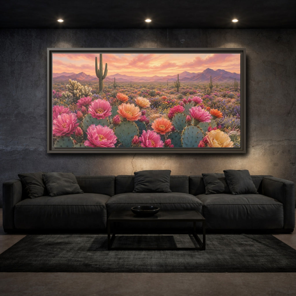 Mockup 3. Nature Cactus Flowers Desert Sunset Bloom shown as stretched canvas wall art