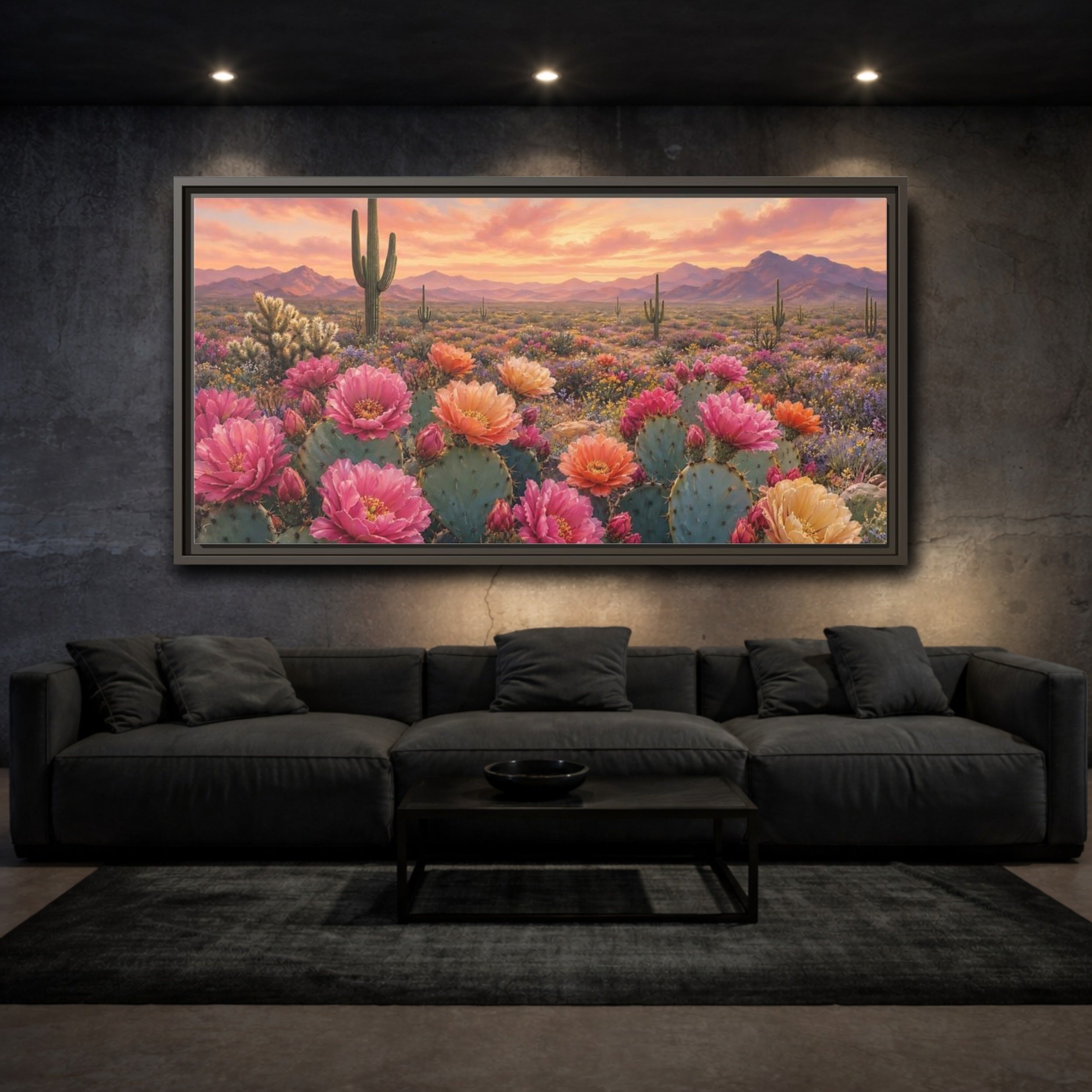 Mockup 3. Nature Cactus Flowers Desert Sunset Bloom shown as stretched canvas wall art