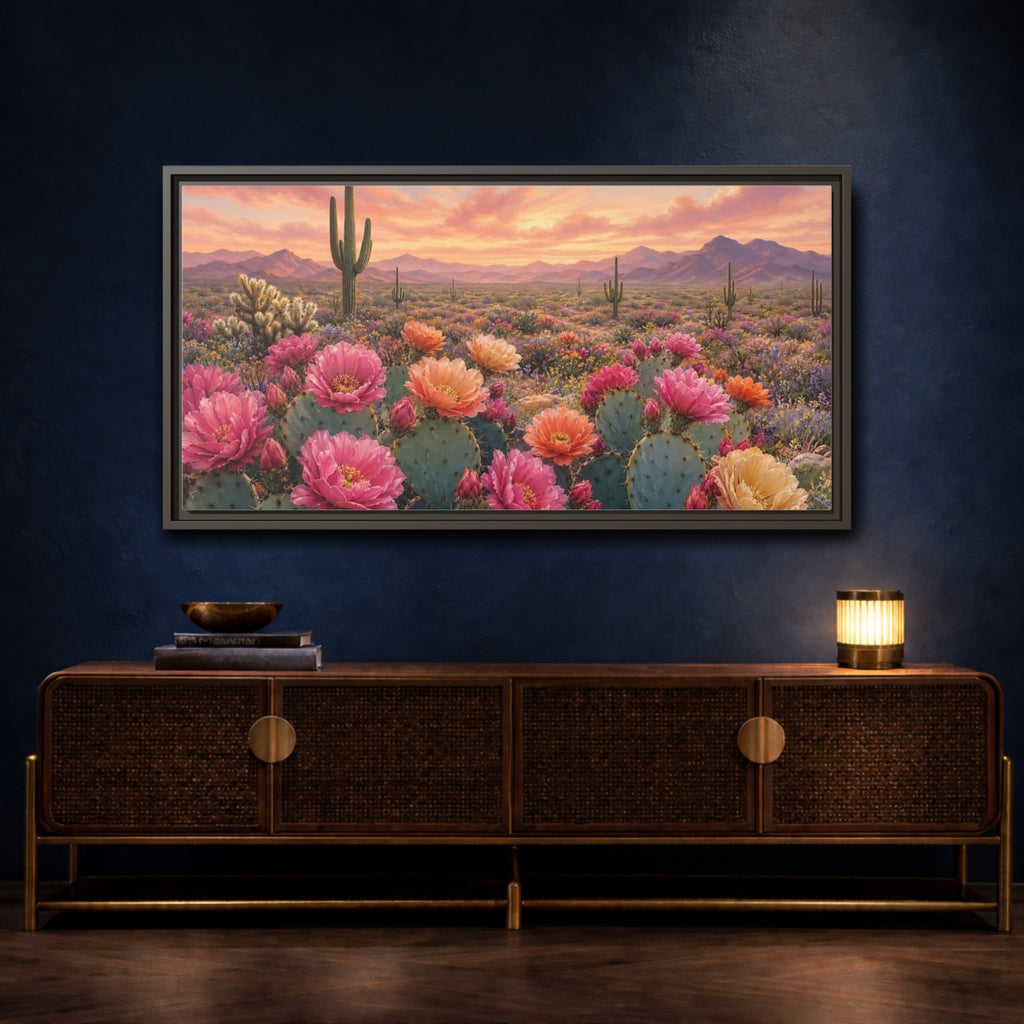 Mockup 4. Nature Cactus Flowers Desert Sunset Bloom shown as stretched canvas wall art