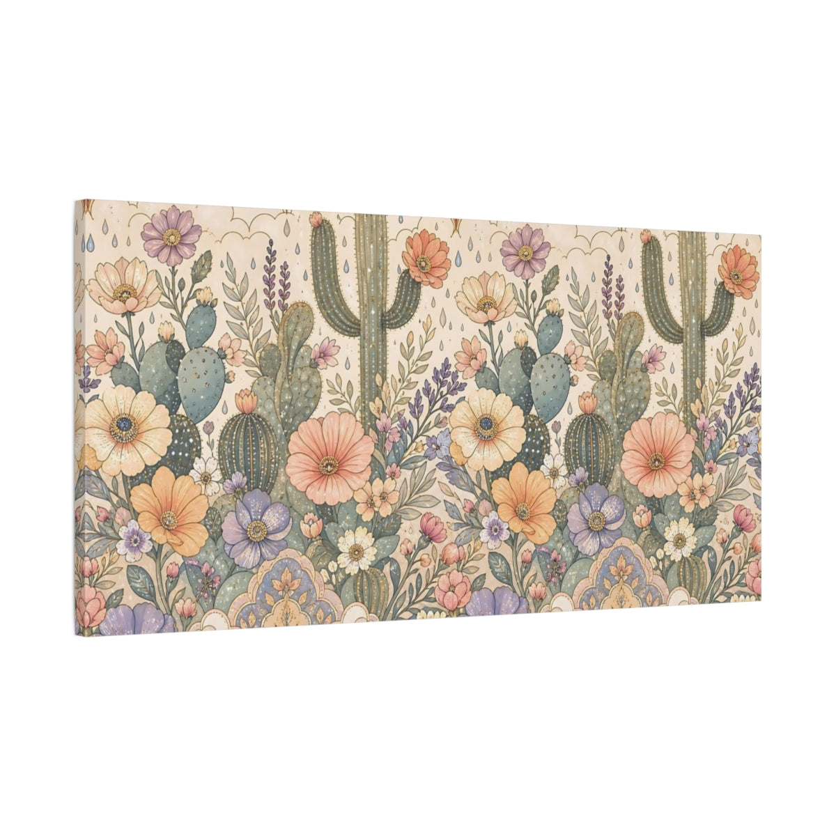 Main Mockup. Nature Cactus Flowers Pastel Floral Cactus shown as stretched canvas wall art
