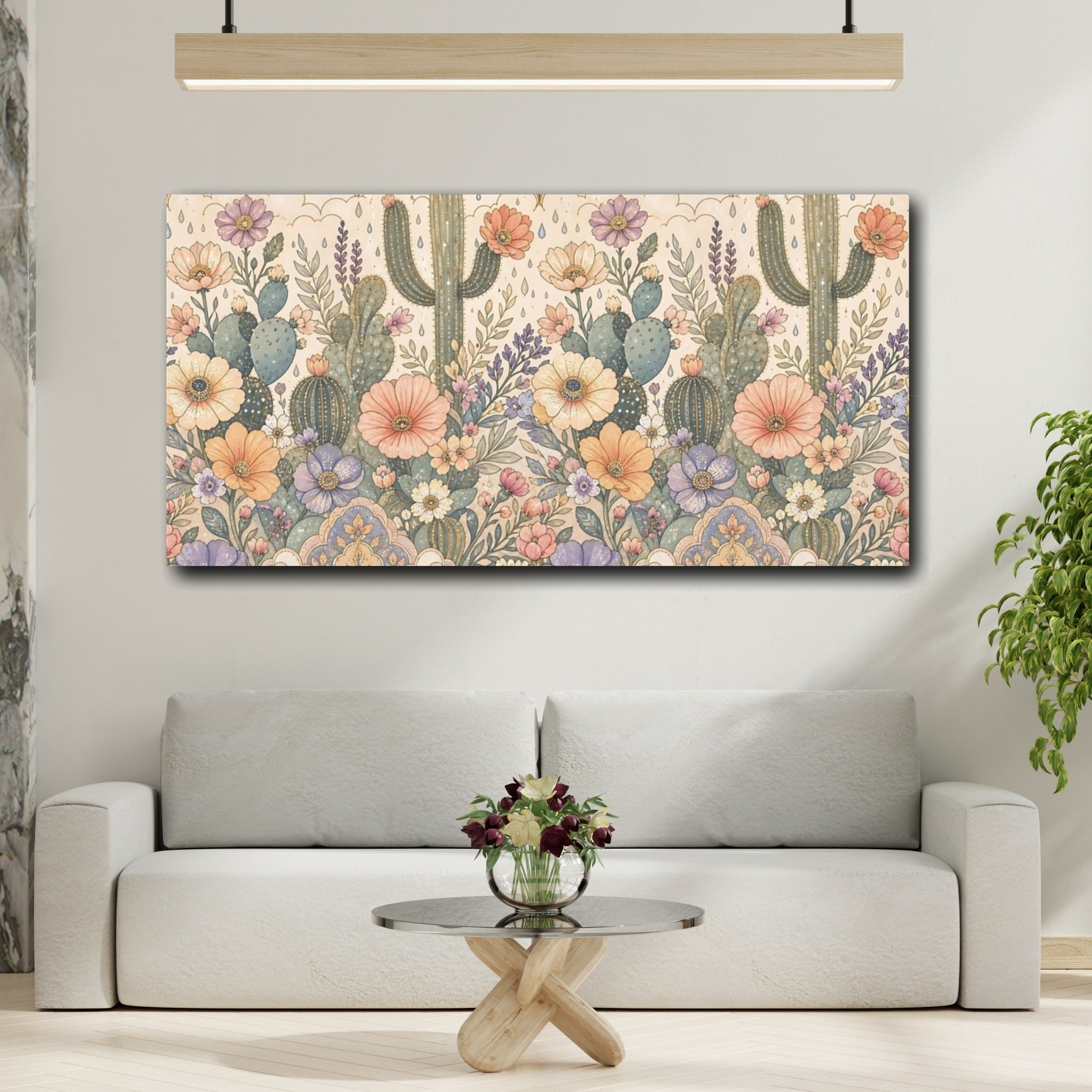 Mockup 2. Nature Cactus Flowers Pastel Floral Cactus shown as stretched canvas wall art