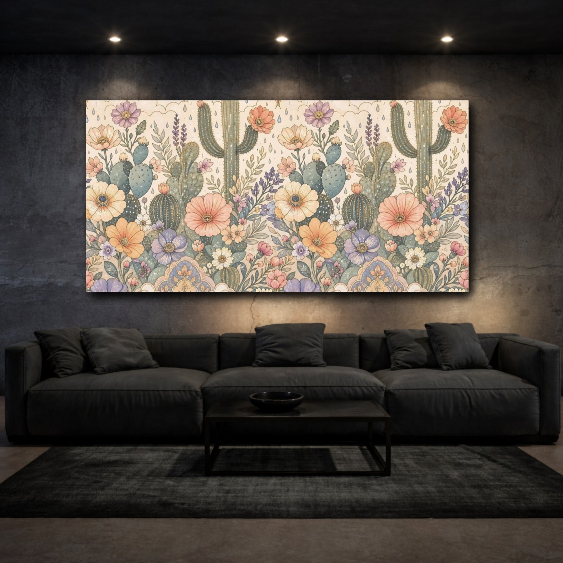 Mockup 3. Nature Cactus Flowers Pastel Floral Cactus shown as stretched canvas wall art