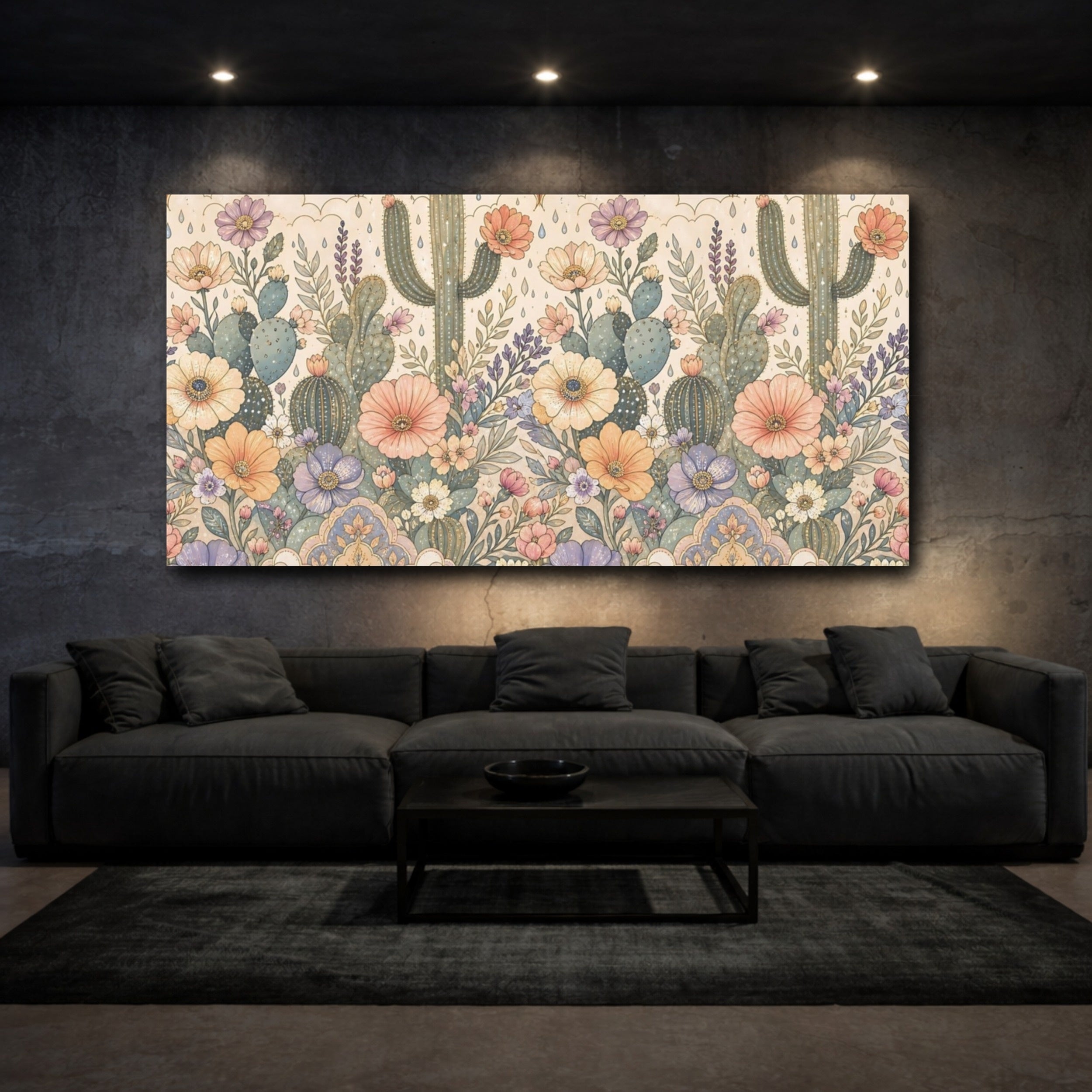Mockup 3. Nature Cactus Flowers Pastel Floral Cactus shown as stretched canvas wall art