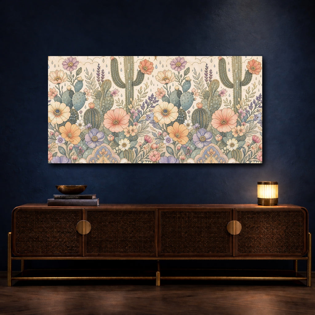 Mockup 4. Nature Cactus Flowers Pastel Floral Cactus shown as stretched canvas wall art