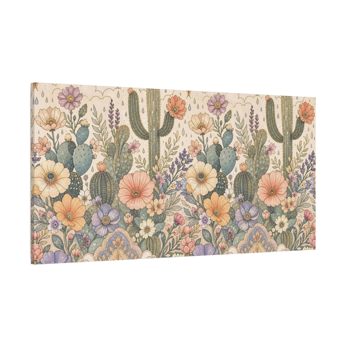 Side Mockup 2. Nature Cactus Flowers Pastel Floral Cactus shown as stretched canvas wall art