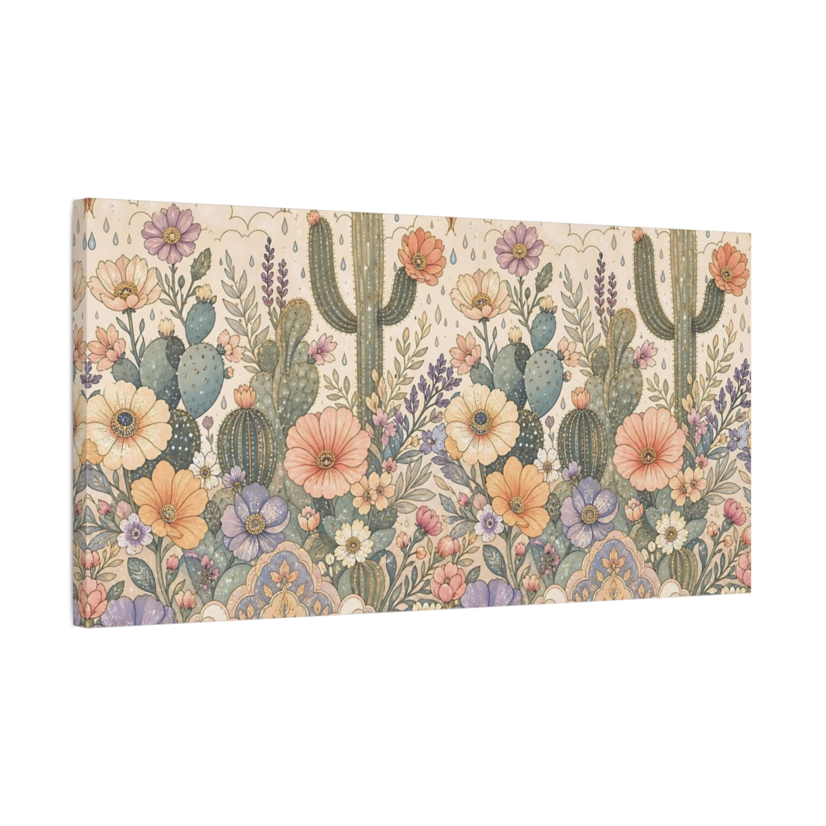 Side Mockup 1. Nature Cactus Flowers Pastel Floral Cactus shown as stretched canvas wall art