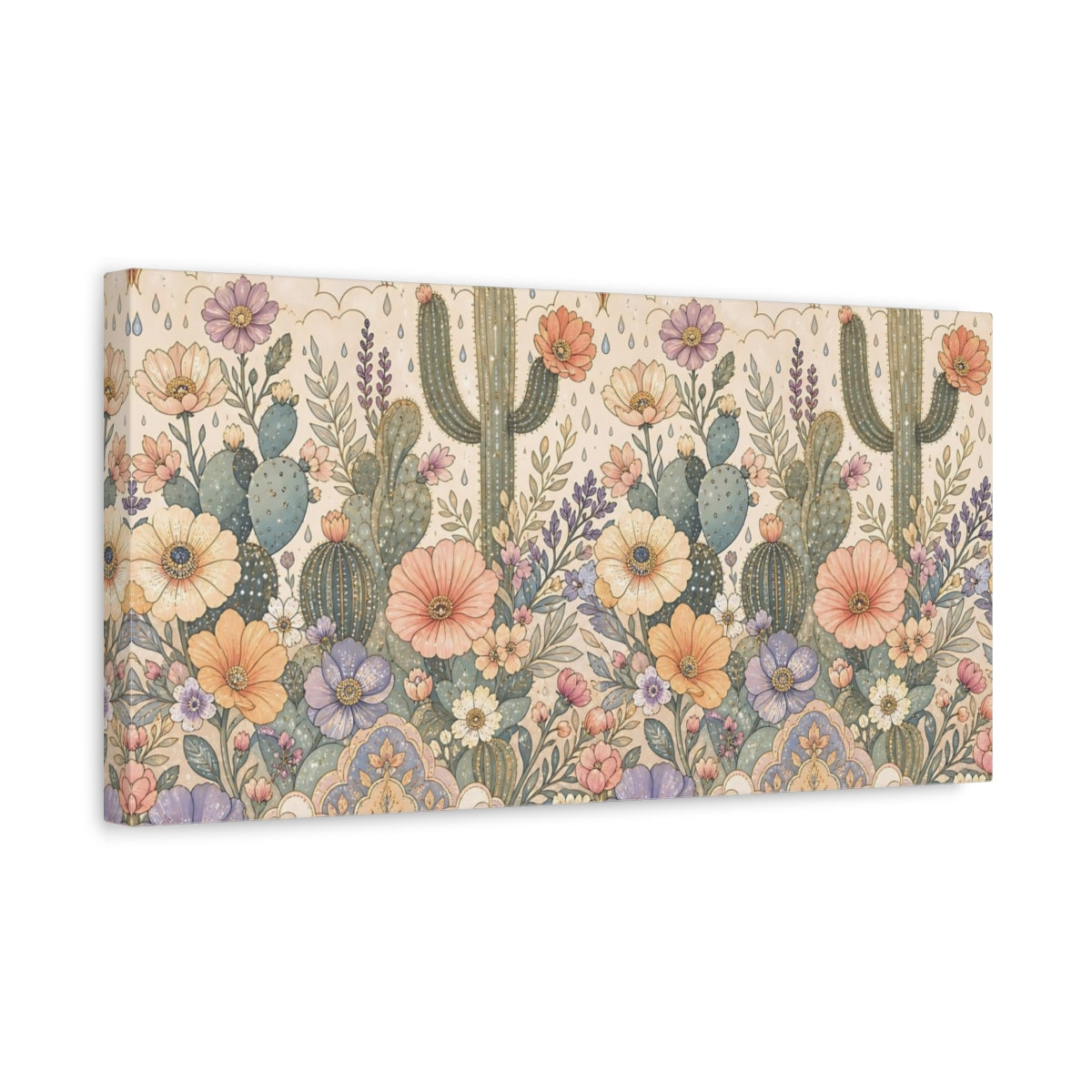 Side Mockup 3. Nature Cactus Flowers Pastel Floral Cactus shown as stretched canvas wall art