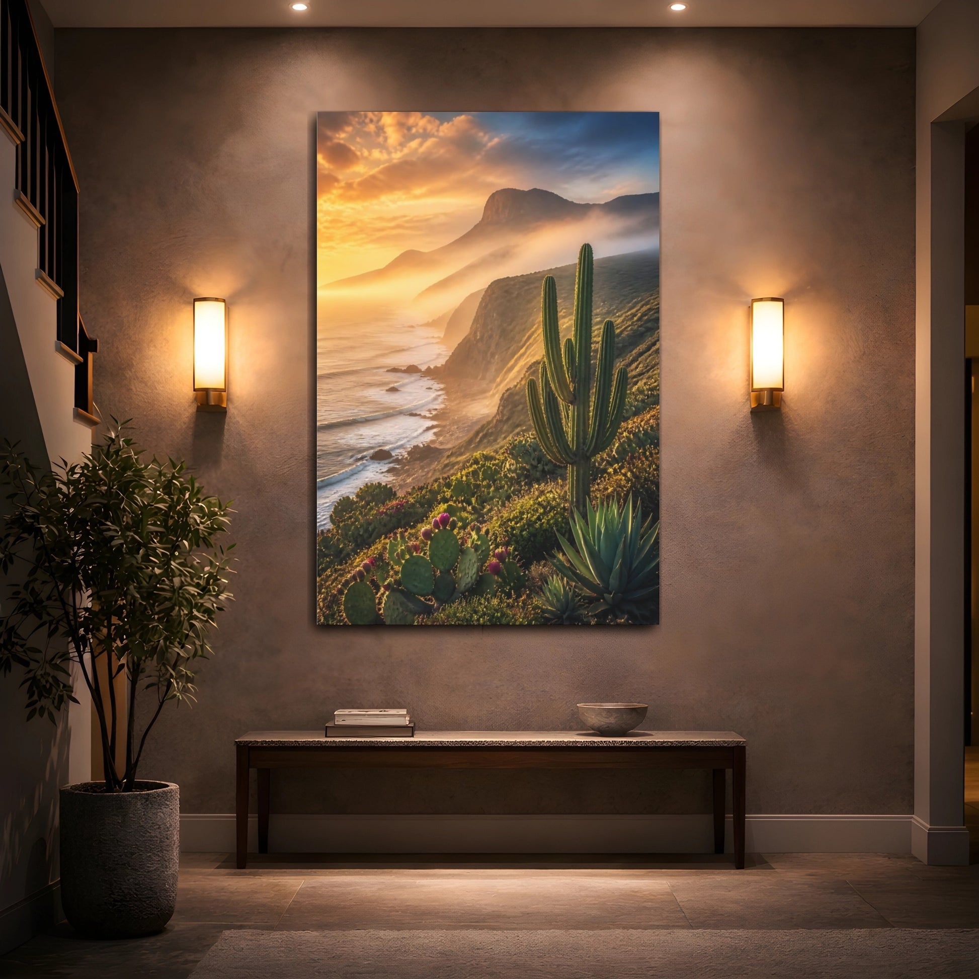 Mockup 2. Nature Cactus Golden Cactus Coast shown as stretched canvas wall art