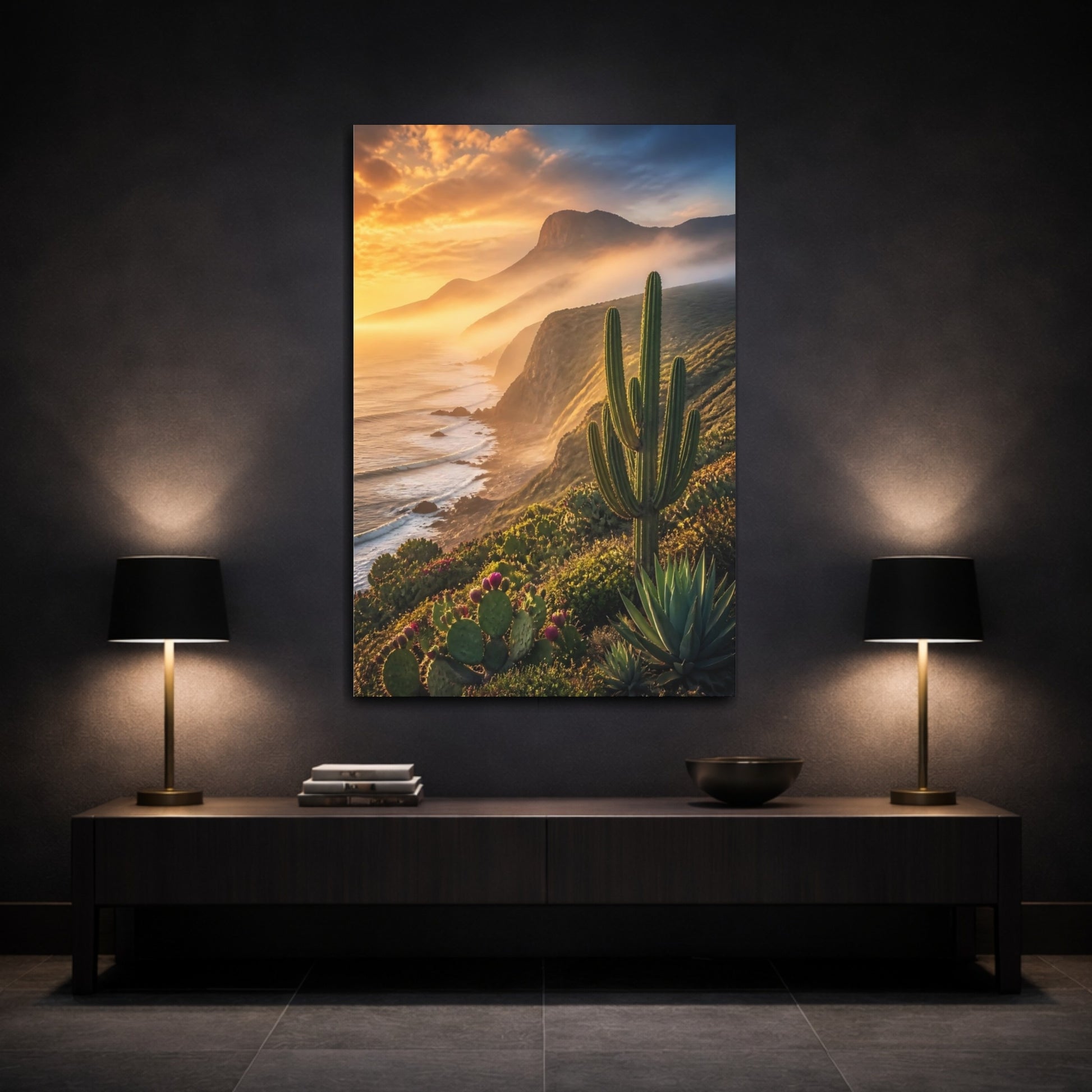 Mockup 3. Nature Cactus Golden Cactus Coast shown as stretched canvas wall art