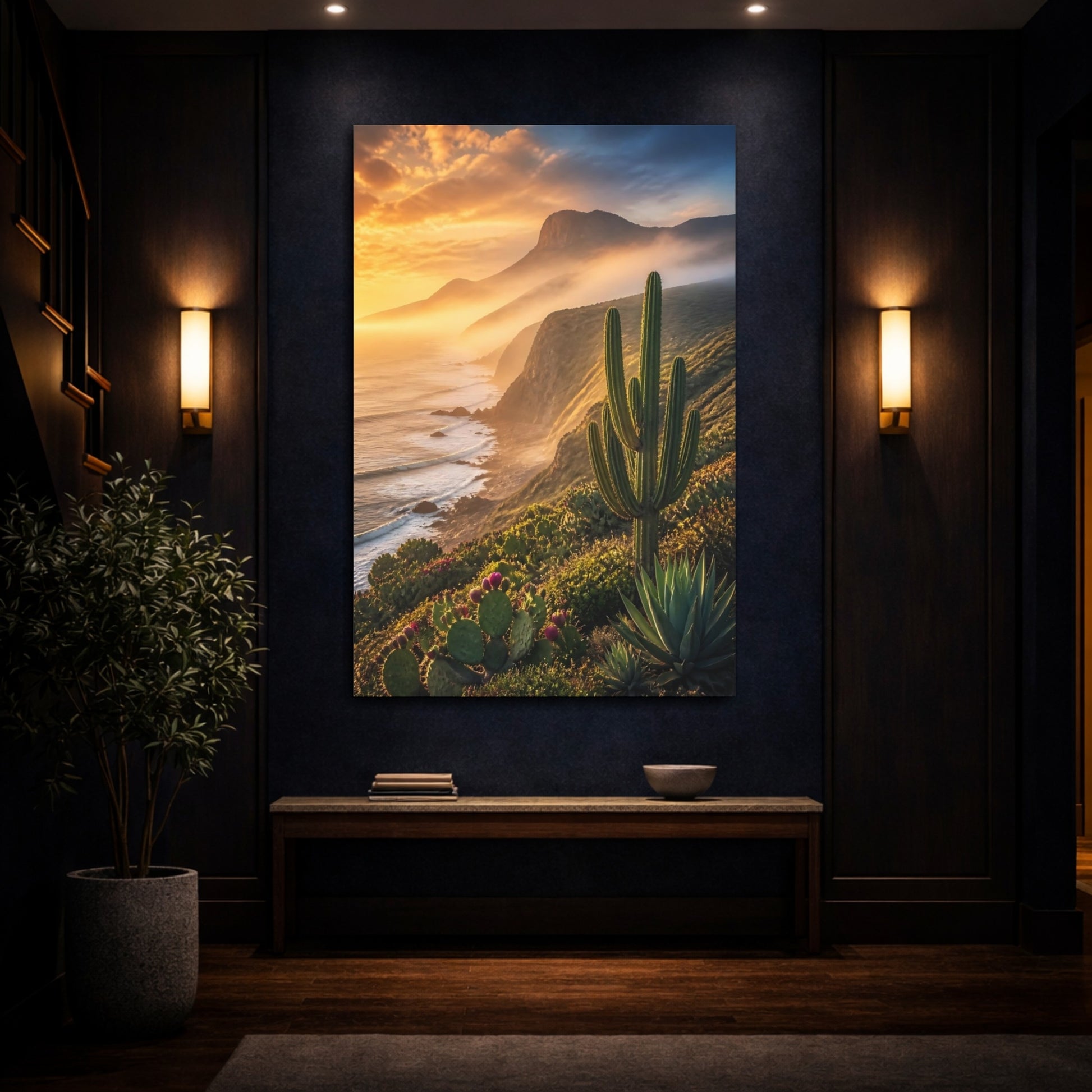 Mockup 4. Nature Cactus Golden Cactus Coast shown as stretched canvas wall art