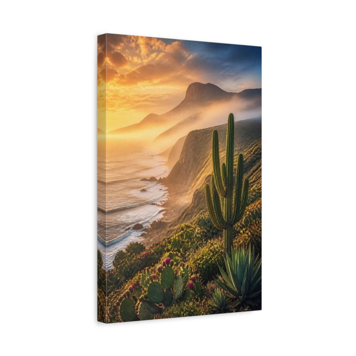 Side Mockup 4. Nature Cactus Golden Cactus Coast shown as stretched canvas wall art