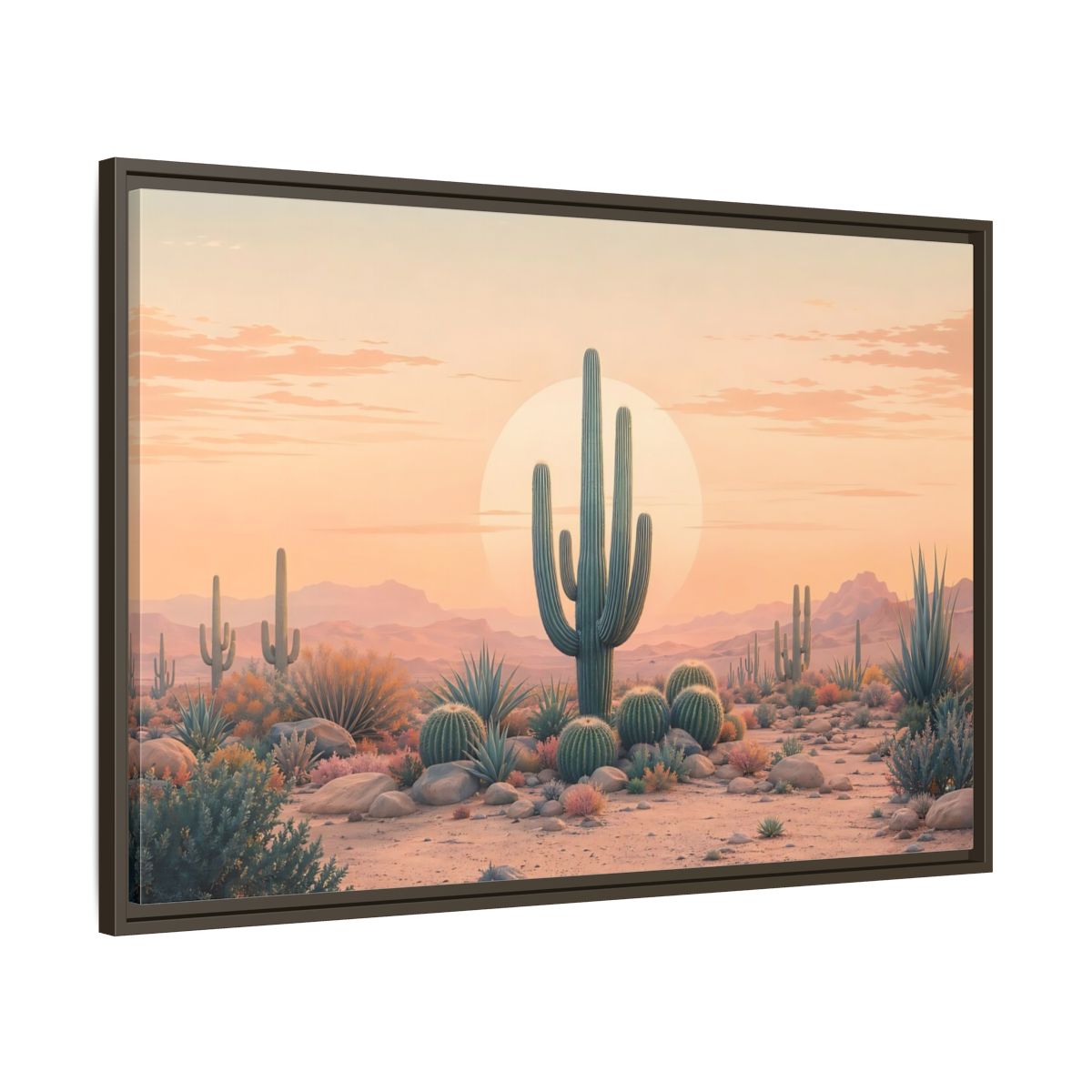 Main Mockup. Nature Cactus Peach And Green shown as stretched canvas wall art