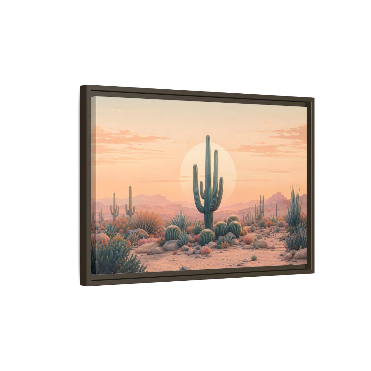 Side Mockup 2. Nature Cactus Peach And Green shown as stretched canvas wall art