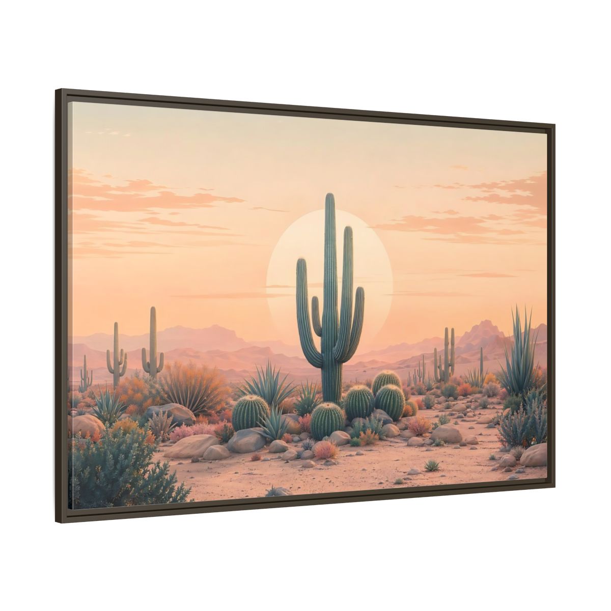 Side Mockup 8. Nature Cactus Peach And Green shown as stretched canvas wall art