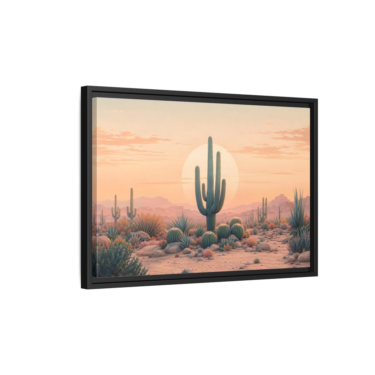 Side Mockup 3. Nature Cactus Peach And Green shown as stretched canvas wall art