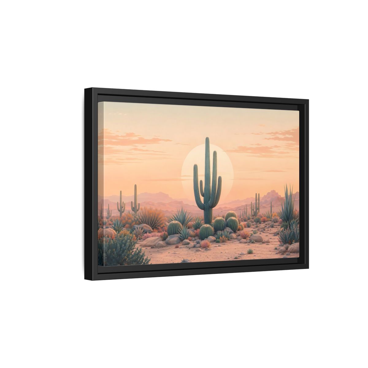 Side Mockup 6. Nature Cactus Peach And Green shown as stretched canvas wall art