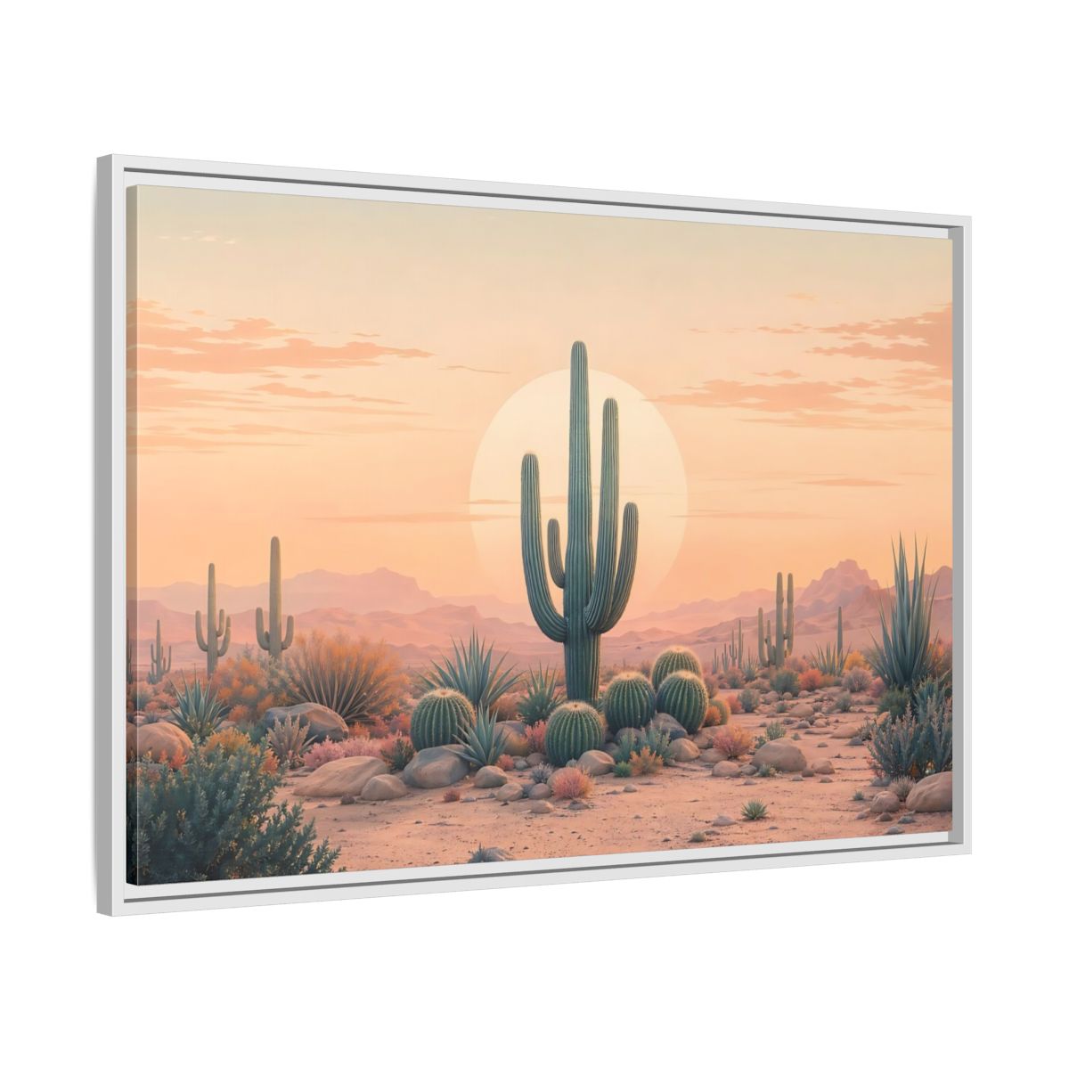 Side Mockup 9. Nature Cactus Peach And Green shown as stretched canvas wall art