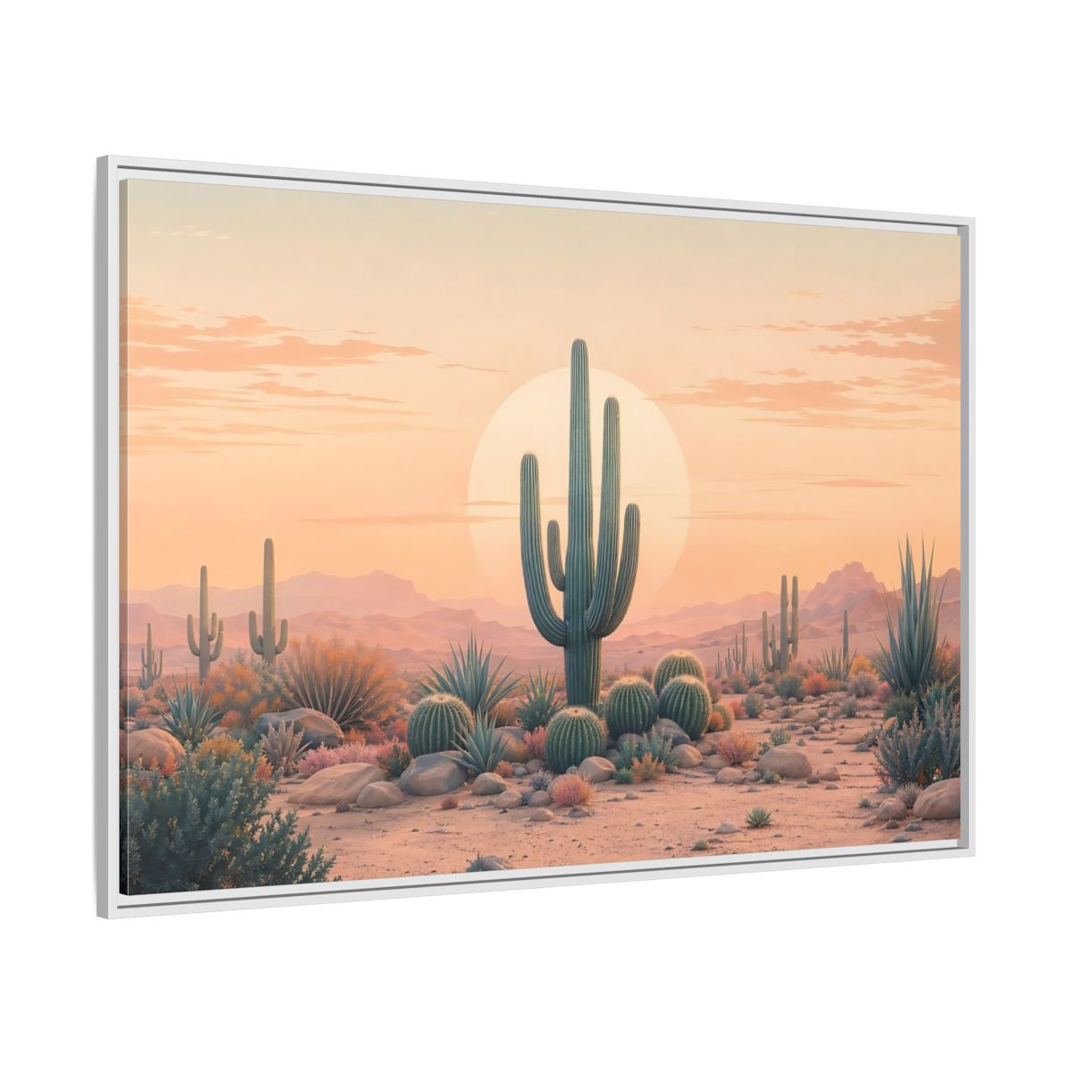 Side Mockup 7. Nature Cactus Peach And Green shown as stretched canvas wall art