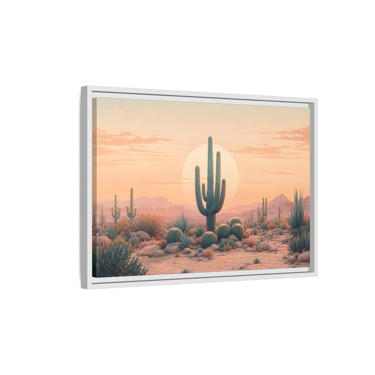 Side Mockup 1. Nature Cactus Peach And Green shown as stretched canvas wall art