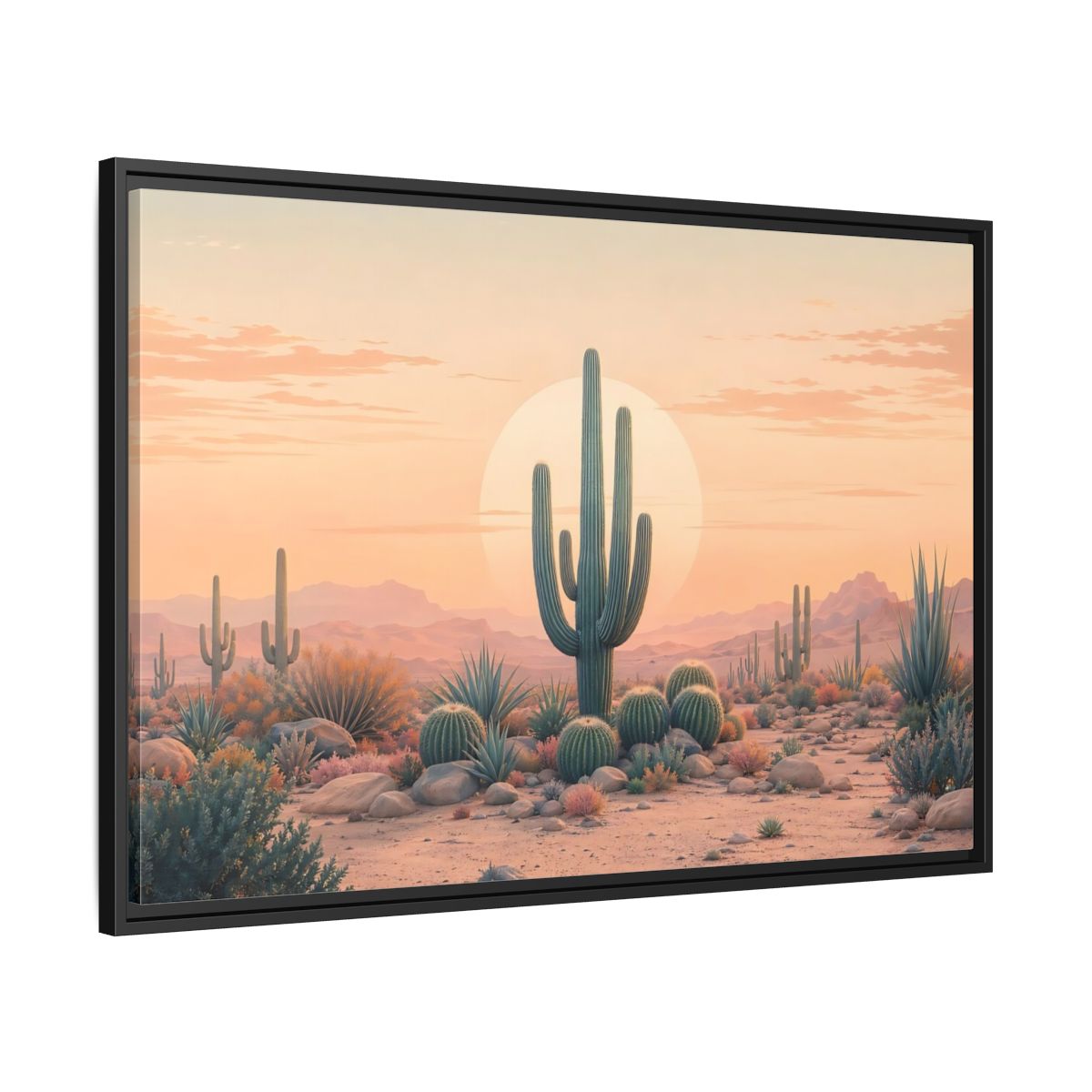 Side Mockup 13. Nature Cactus Peach And Green shown as stretched canvas wall art