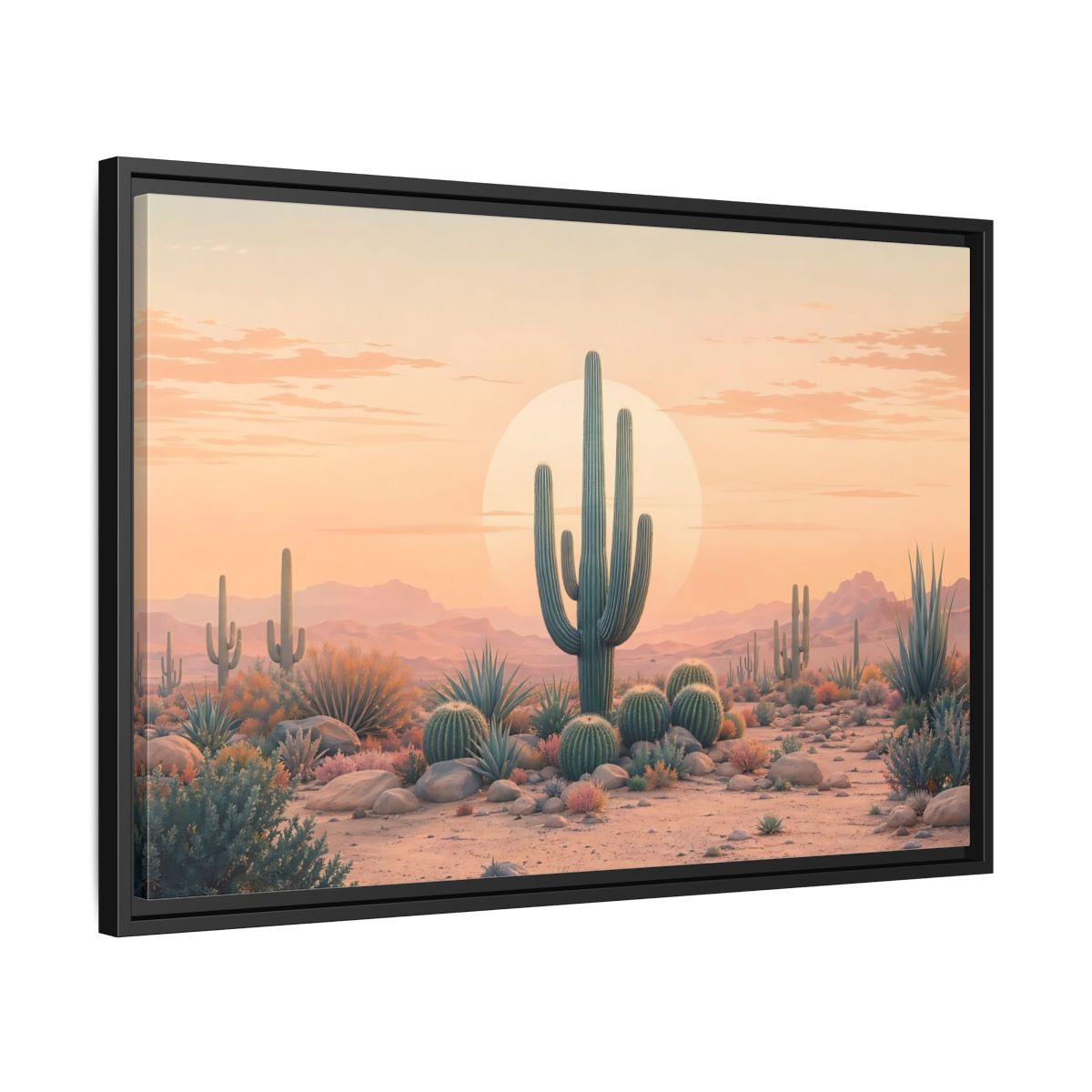 Side Mockup 14. Nature Cactus Peach And Green shown as stretched canvas wall art