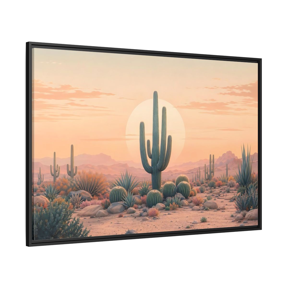 Side Mockup 12. Nature Cactus Peach And Green shown as stretched canvas wall art