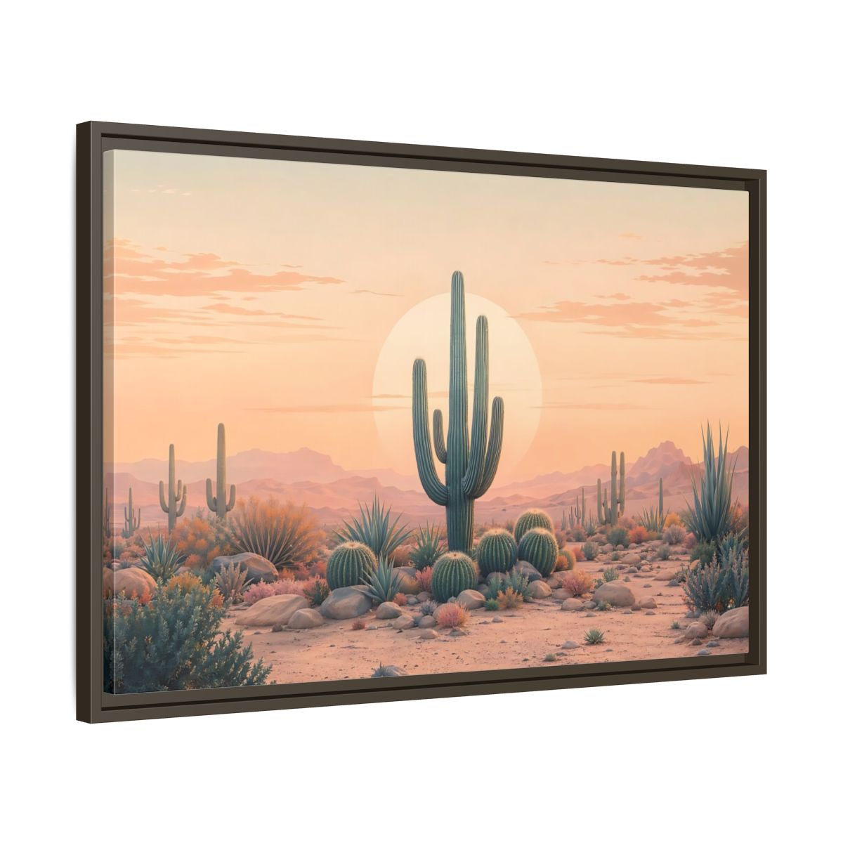 Side Mockup 11. Nature Cactus Peach And Green shown as stretched canvas wall art