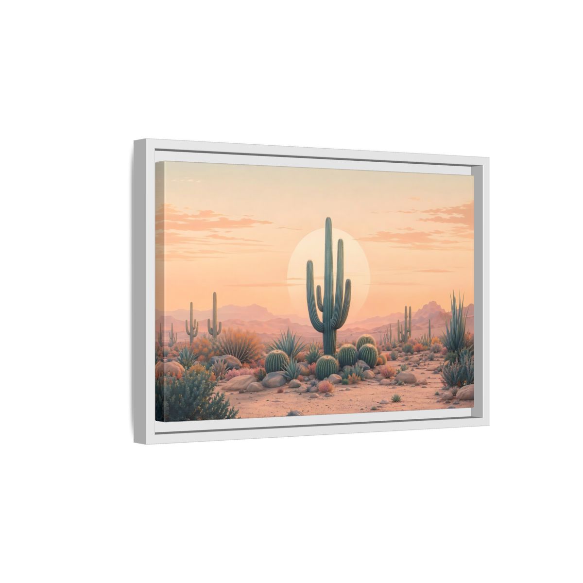 Side Mockup 4. Nature Cactus Peach And Green shown as stretched canvas wall art