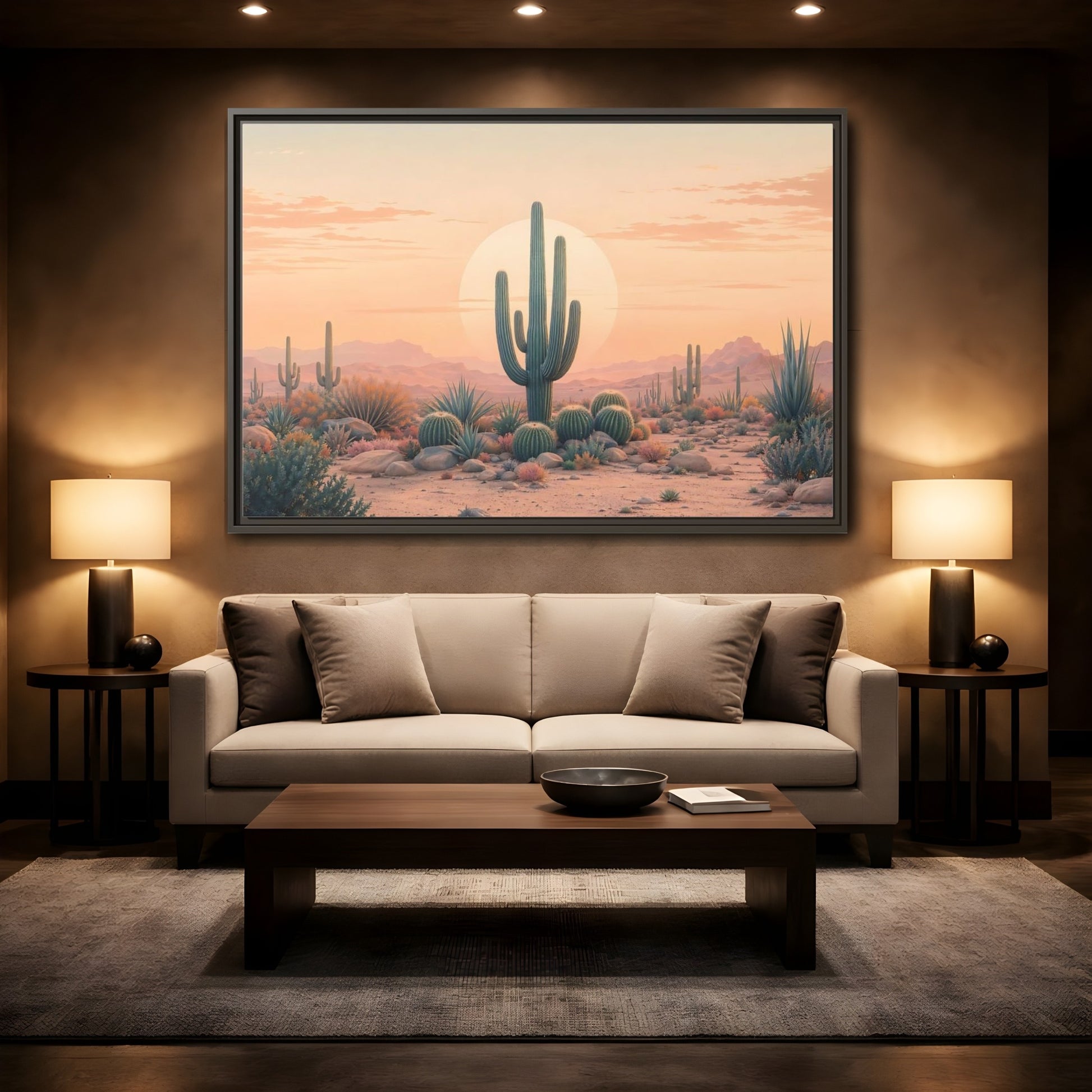 Mockup 2. Nature Cactus Peach And Green shown as stretched canvas wall art