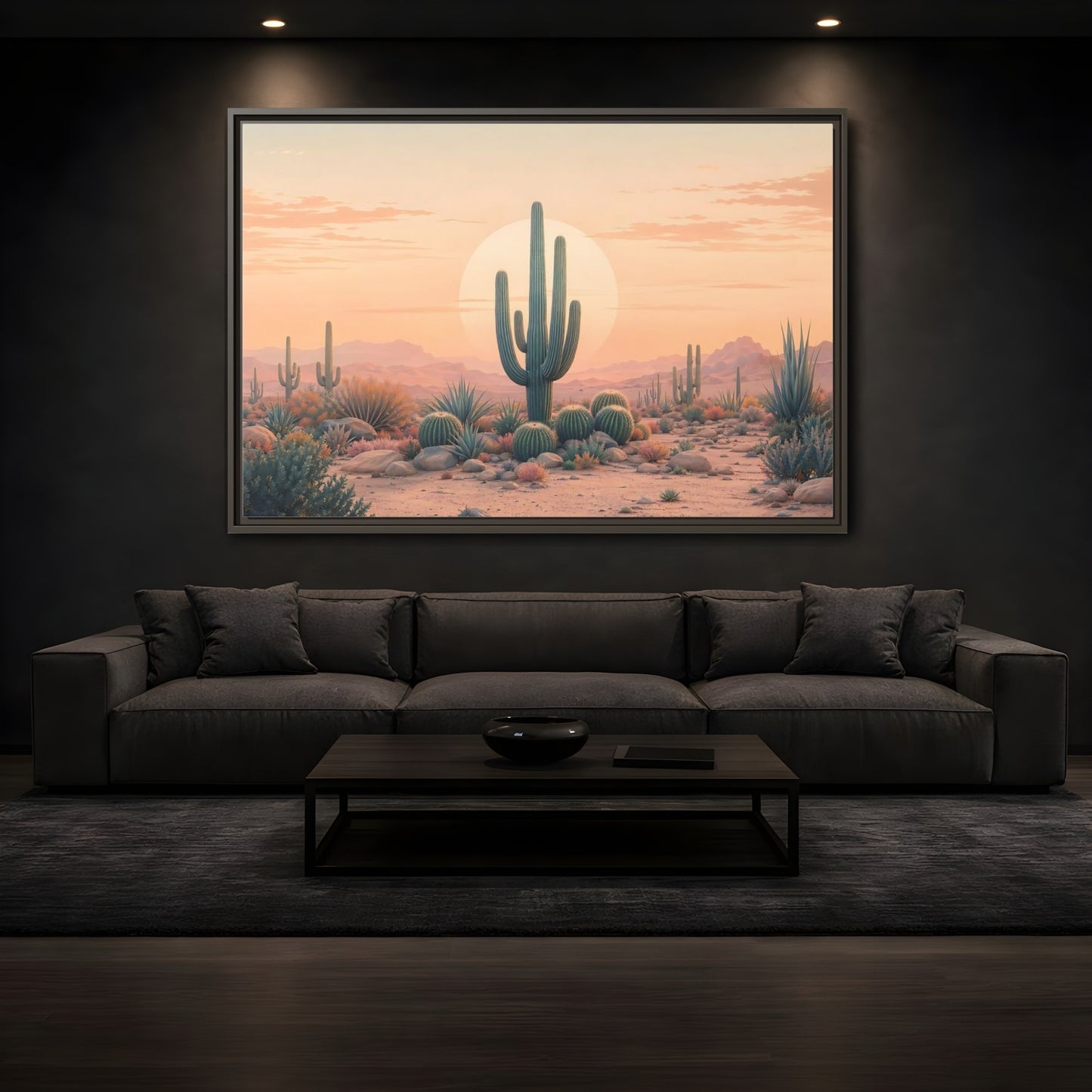 Mockup 3. Nature Cactus Peach And Green shown as stretched canvas wall art