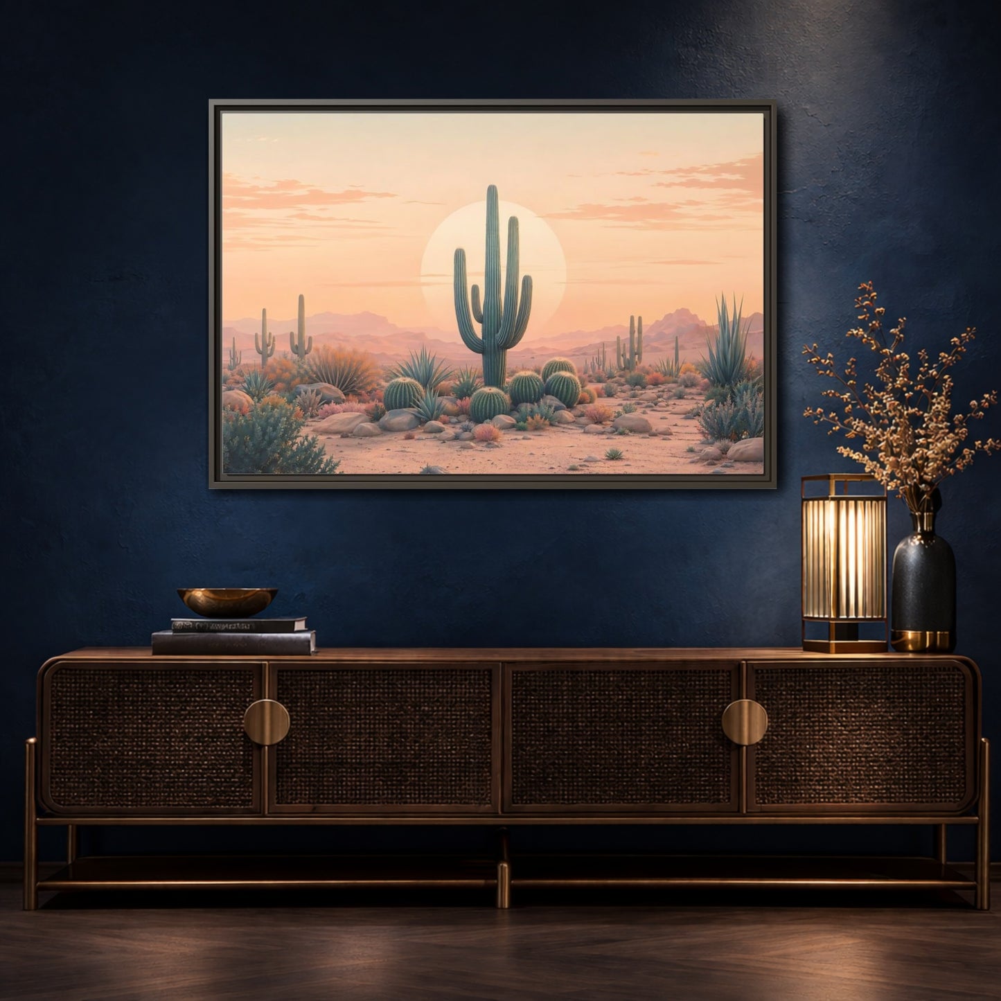Mockup 4. Nature Cactus Peach And Green shown as stretched canvas wall art