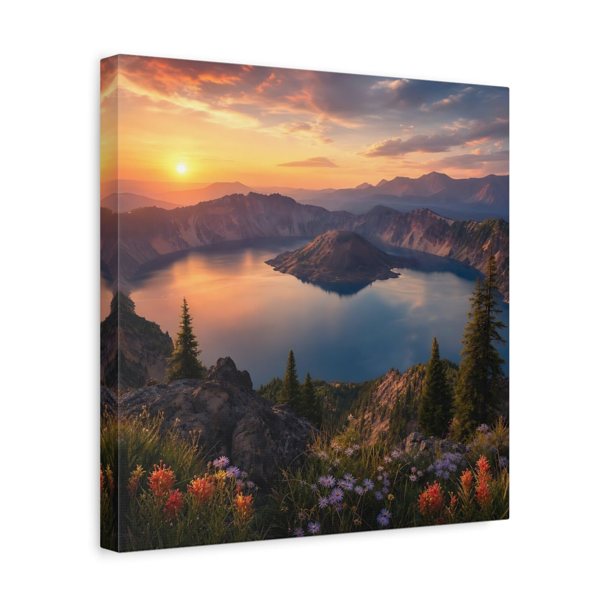Side Mockup 7. Nature Caldera Lake Sunset Lake shown as stretched canvas wall art