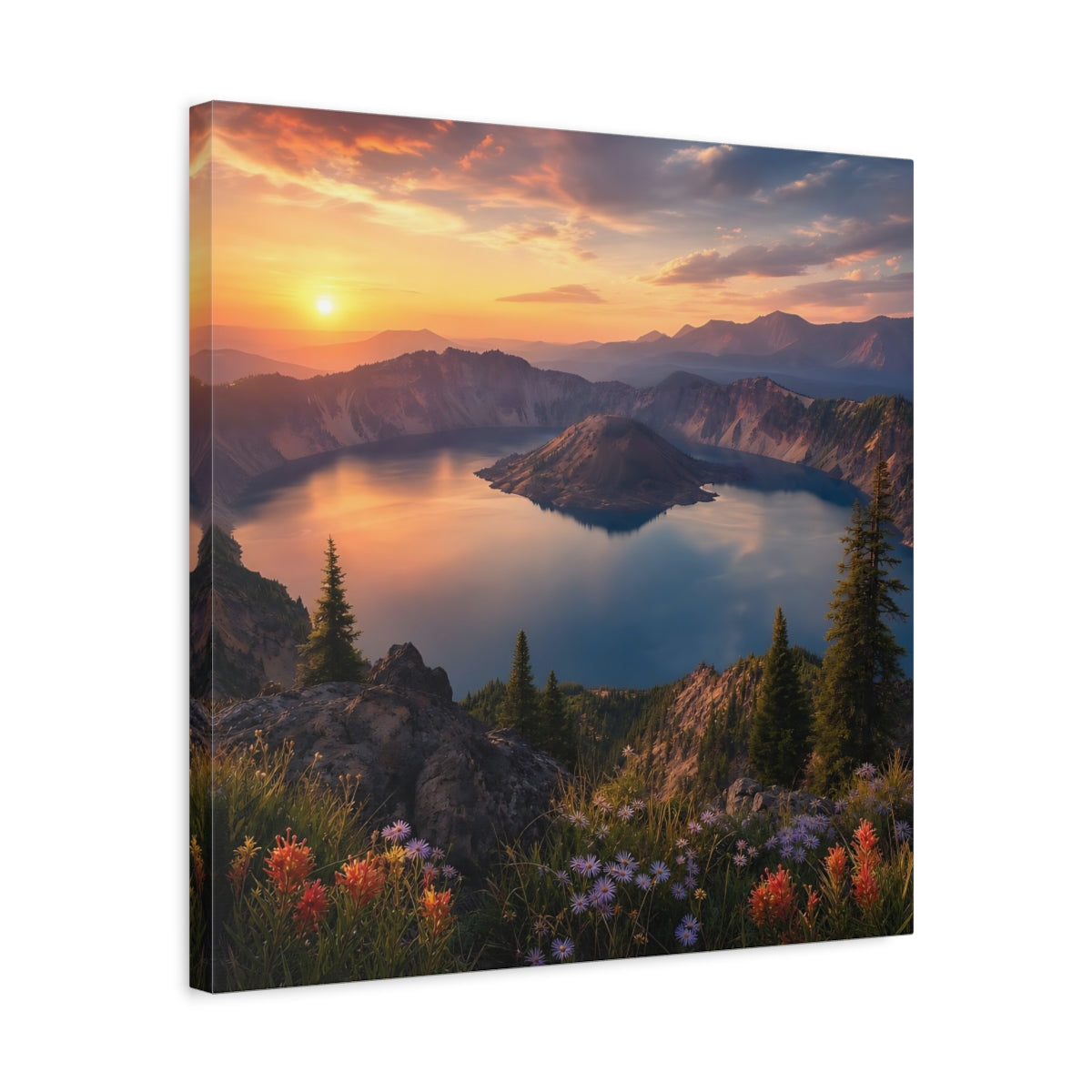 Side Mockup 5. Nature Caldera Lake Sunset Lake shown as stretched canvas wall art