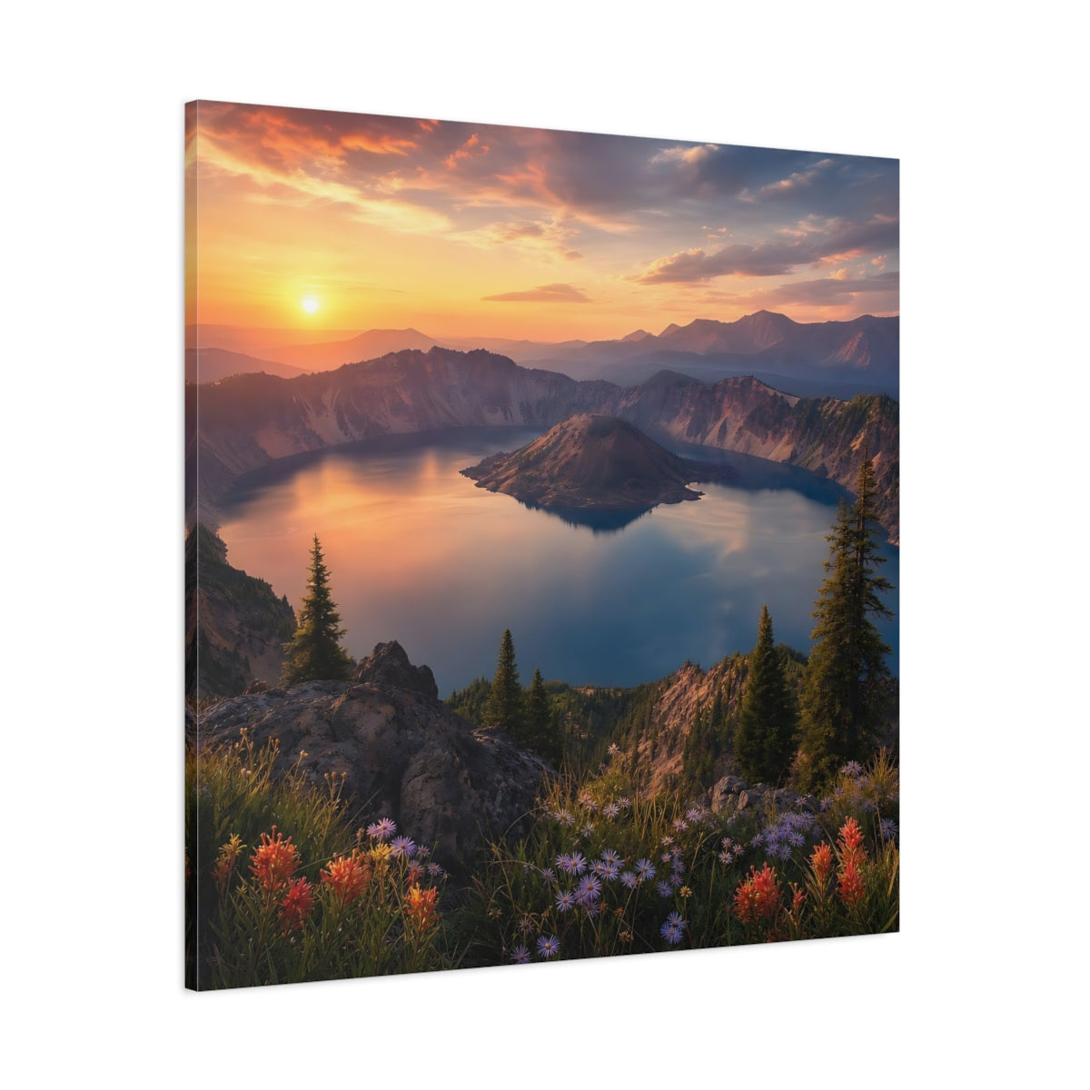 Side Mockup 1. Nature Caldera Lake Sunset Lake shown as stretched canvas wall art