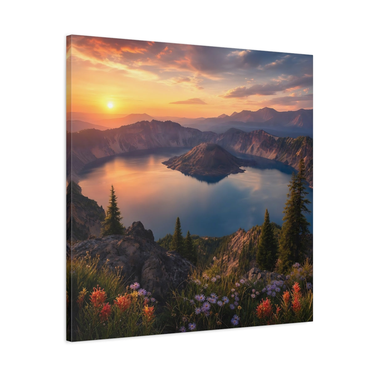 Side Mockup 3. Nature Caldera Lake Sunset Lake shown as stretched canvas wall art